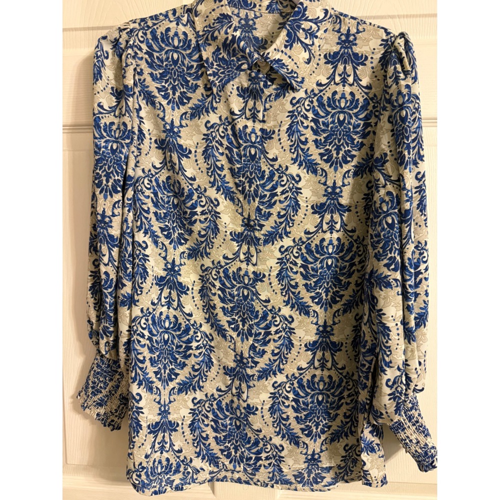 Womens Blue Floral Damask Print Blouse Smocked Cuff Puff Sleeve Top Size M